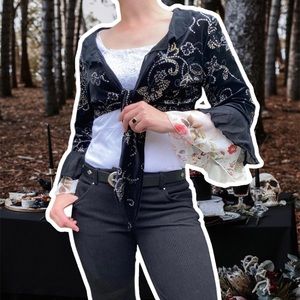 True Vintage 90s Sequin and Sparkle Cropped Jacket with Mesh Ruffle Cuffs, Med